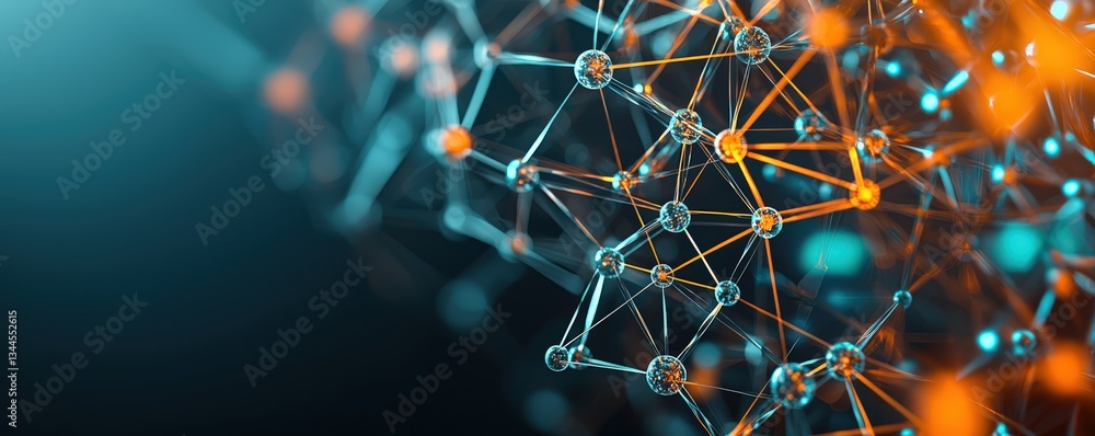 Poster abstract digital network design featuring interconnected nodes and vibrant colors, symbolizing techn