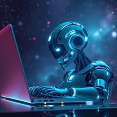 Futuristic Cybernetic AI Hacker Working on Laptop – Sci-Fi Cybersecurity Digital Art