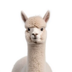 Naklejka premium Fluffy alpaca portrait, studio shot, white background, farm animal (1)