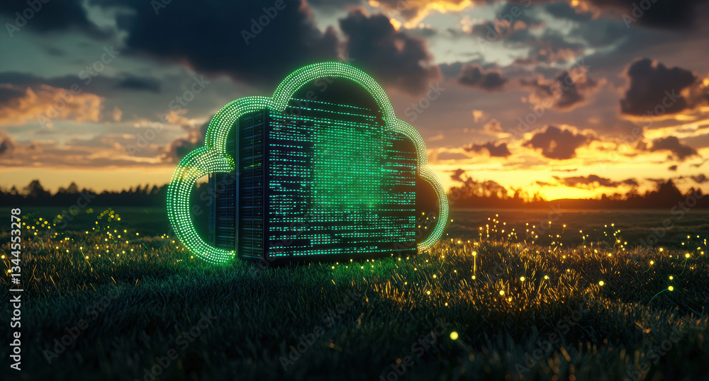 Poster Cloud computing server stands on a grass field at sunset, symbolizing secure data storage, network sharing, and modern technology