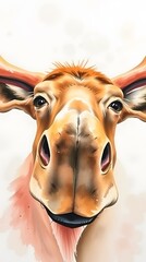 A vibrant and expressive watercolor-style digital painting of a cow’s face in an exaggerated close-up. The soft brush strokes and warm color palette give it a lively, artistic, and whimsical feel.