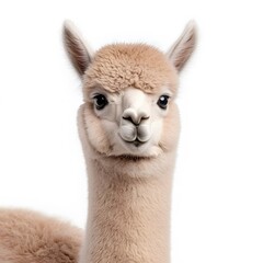 Naklejka premium Fluffy alpaca portrait, studio shot, white background, farm animal