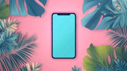 Smartphone mockup surrounded by tropical leaves on pink background.