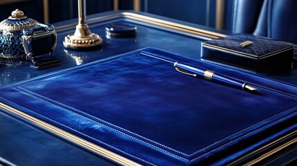 bold, luxurious office desk featuring a deep royal blue velvet pad, gold-trimmed fountain pen