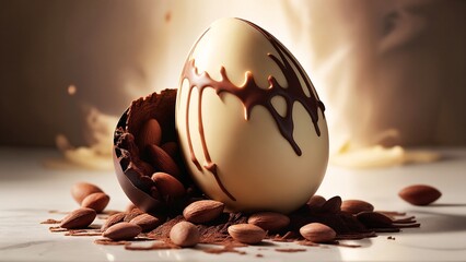 A white chocolate egg with chocolate drizzle on top of it.