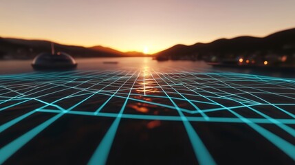 Sunset Coastal Scene with Futuristic Digital Grid Overlay