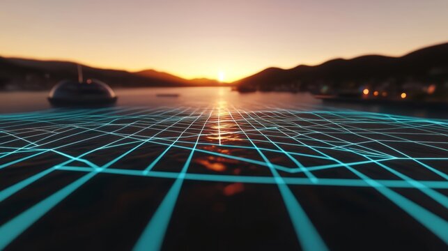 Sunset Coastal Scene with Futuristic Digital Grid Overlay