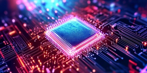 Obraz premium Futuristic quantum processor on glowing circuit board advanced quantum computing technology and innovation concept