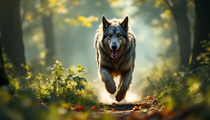 Majestic Wolf Running Through Forest Path at Dawn