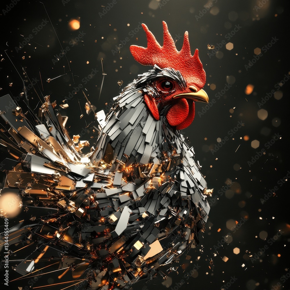 Poster a metallic rooster explodes in a chaotic display of fragments