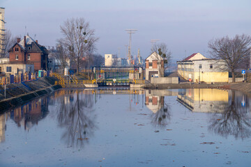 view of the river lock on the Odra River in Wrocław.