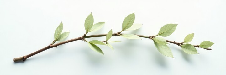 Delicate branch with soft leaves on a white background, botanical, nature, still life