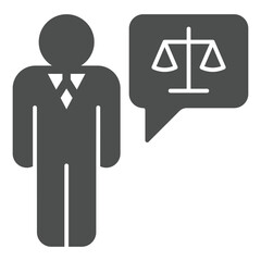 Lawyer man with legal issues bubble solid icon, family lawyer concept. Vector graphics. Human with weight scales dialog sign on white background, glyph style icon for mobile or web design.