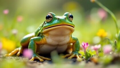 Naklejka premium Green Tree Frog in Vibrant Flowers Nature Photography