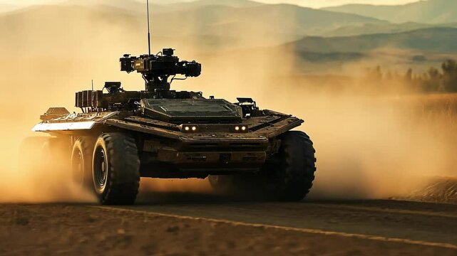 Desert Patrol: An armored military vehicle navigating a rugged desert landscape, showcasing its robust design and powerful presence.