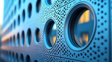 Abstract blue architectural facade featuring circular openings and perforated metal texture design element showcasing structural patterns.