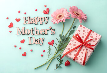 Happy Mother's Day Gift Box with Flowers & Heart Decorations