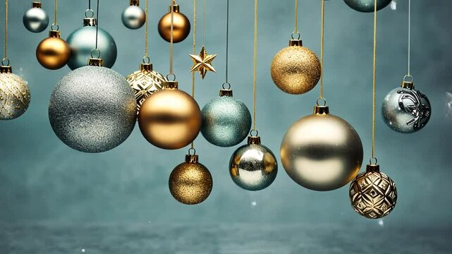 Goldene Weihnachtskugeln h&auml;ngen an einem Baum mit Schnee