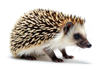 Obraz premium Hedgehog alone on seamless white backdrop, facing right, slightly uncurled , thorns, animal photography