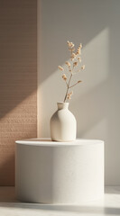 Fototapeta premium dried flower arrangement in a simple white vase on a round pedestal