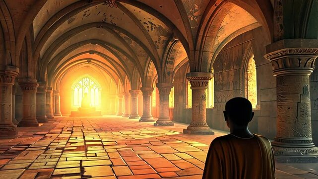 Buddhistischer M&ouml;nch in einem erleuchteten Tempelgang