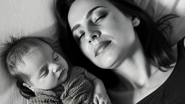 Mutter h&auml;lt ihr schlafendes Baby liebevoll in Schwarzwei&szlig;