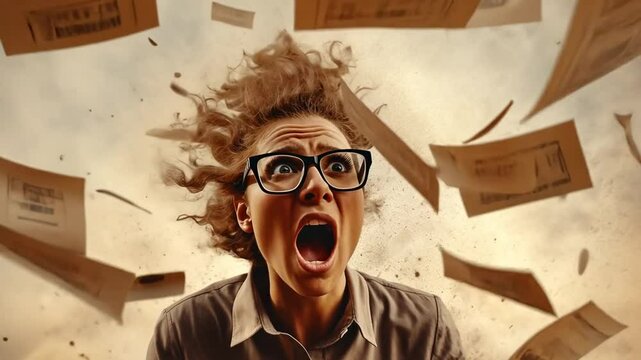 Frau mit Brille schaut erschrocken auf explodierende Papierschnipsel
