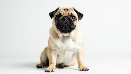 Obraz premium Adorable pug dog sits alone, white background, headshot, brown, asset