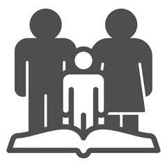 Family with child and book solid icon, family lawyer concept. Vector graphics. Parents with son and open book sign on white background, glyph style icon for mobile or web design.