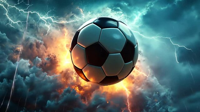 Schwebender Fu&szlig;ball umgeben von Blitz und Sturm