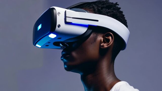 Mann tr&auml;gt ein modernes VR-Headset mit Lichtern