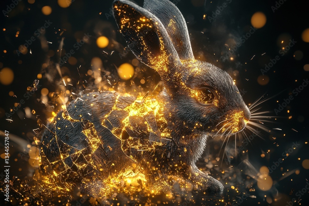 Poster an artistic image of a glowing rabbit with golden fractures