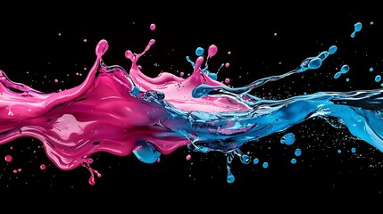 Two colored liquids splashing and colliding. Background is black. Art graphic design