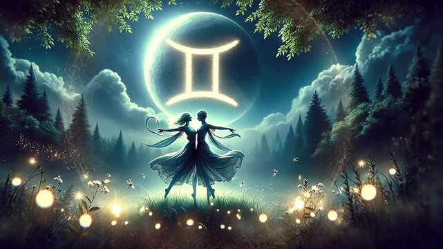 Fantastische Darstellung des Sternzeichens Zwillinge unter dem Mond