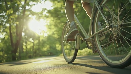 Naklejka premium Bicycle on a winding road in a park, with the focus on the wheel and the rider's legs during a summer day.