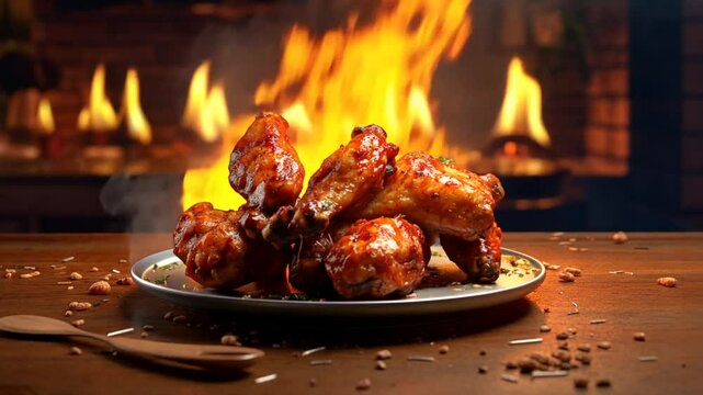 Gegrillte H&auml;hnchenschenkel brutzeln &uuml;ber offener Flamme