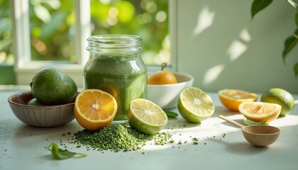 Green spirulina smoothie with citrus fruits and powder on a light background, natural setting