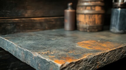 Rustic Dark Grey Textured Surface with Old Wooden Barrel and Bottles