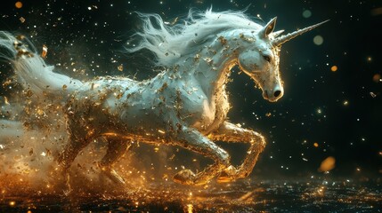 Obraz premium A white unicorn running through a shimmering gold glitter cloud
