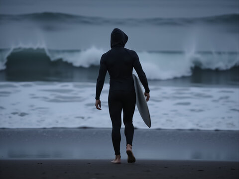 lone surfer in a black wetsuit walks towards the ocean carrying a surfboard on a dark beach.
