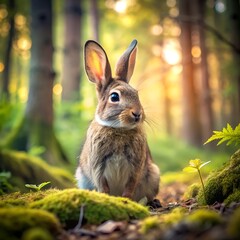 Forest Rabbit's Curious Gaze: A charming rabbit sits amidst a vibrant forest scene, its long ears perked, and eyes sparkling with curiosity. Captured in stunning detail.