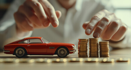 Businessman stacking coins next to a red toy car, representing saving money for car purchase or investment in automotive industry