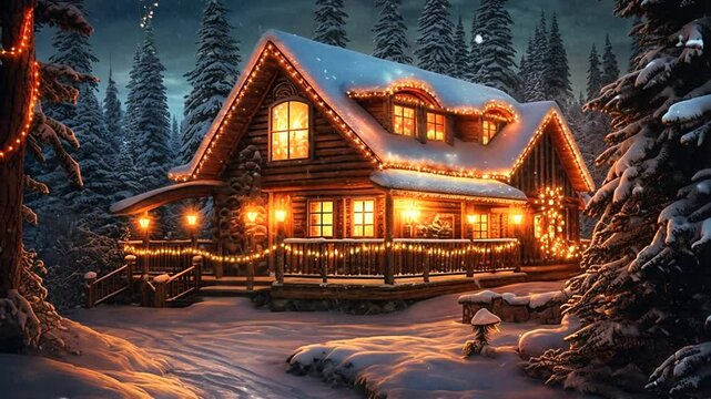 Sch&ouml;nes Holzhaus mit Lichtern im Schnee