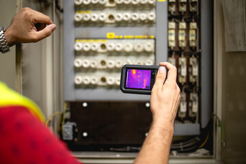 An engineer, an electrician, checks the temperature of electrical installations with a measuring...