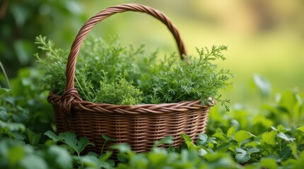 A charming foraging scene with a handwoven basket full of freshly gathered wild herbs, surrounded by a lush green field