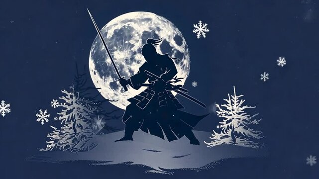 Samurai trainiert mit Schwert im Schnee unter Mondlicht