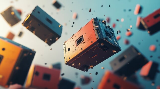 Abstract red boxes falling, technology background, digital art, website banner