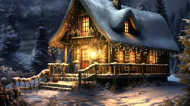 Beleuchtetes Holzhaus im Schnee in dunkler Nacht