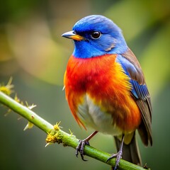 Obraz premium Vibrant Avian Beauty: A vivid painting of a Painted Bunting perched on a verdant branch, its colorful plumage displaying a harmonious blend of blue, red, and yellow.