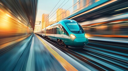 Fototapeta premium Modern high-speed train swiftly navigating urban station. Cityscape backdrop with motion blur effect